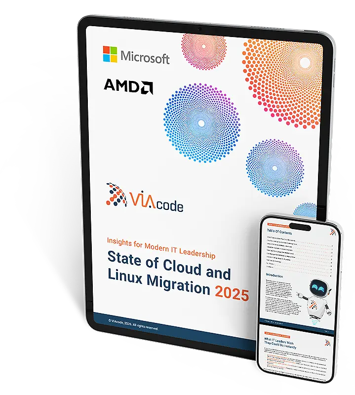 Cover of the State of Cloud and Linux Migration 2025 eBook for IT leaders viewed on Tablet and Mobile.